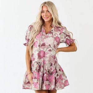 Entro Ivory Floral Smocked Detail Cotton Mini Dress | Floral Pink Cotton Dress